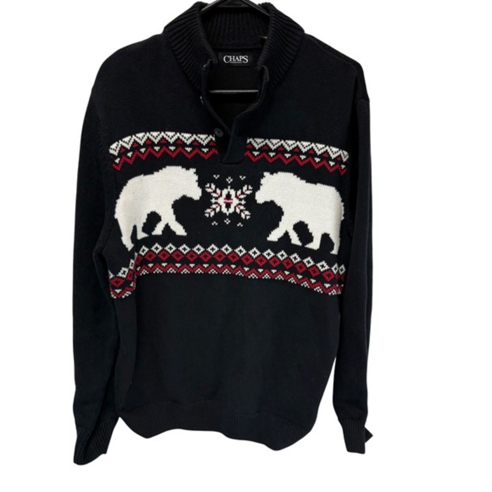 Chaps Men's Large Black Nordic Polar Bear Fair Isle Mock Neck‎ Sweater Holiday